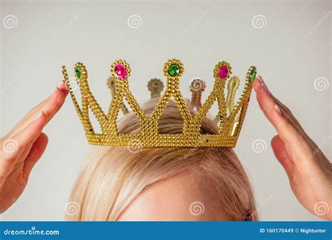 Beauty Queen Woman Blonde Put On Placing Tiara Crown On Head High Self