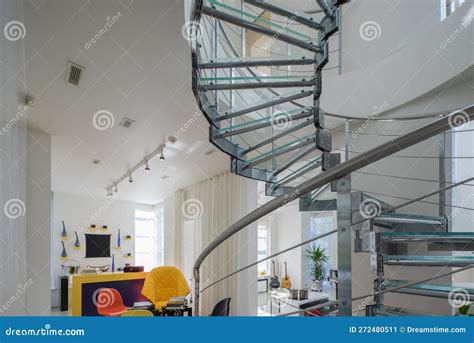 Modern Interiro Of Luxury Private House Glass Metal Spiral Staircase