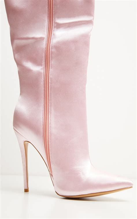 Pink Satin Knee High Point Boot Shoes Prettylittlething Usa