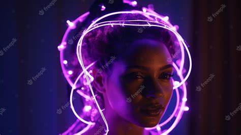 Premium Ai Image Neon Fantasy Moody Portrait Of A Glowing Woman With Purple Lights On Her Head