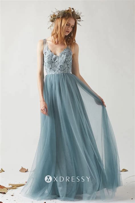 dusty blue lace tulle v neck a line maid of honor dress xdressy