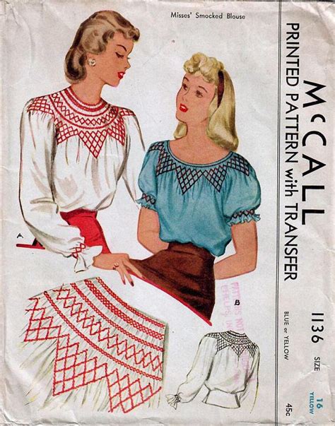 1940s McCall 1136 Vintage Sewing Pattern Misses Smocked Blouse