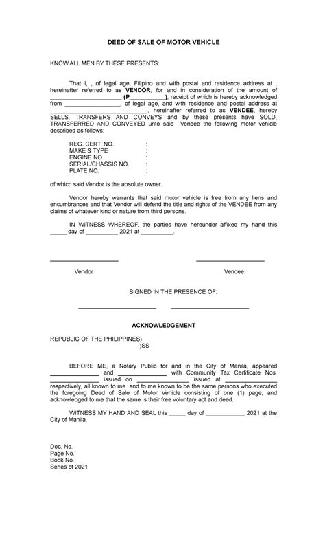 Blank Dosmv Sample Format Of Deed Of Sale Of Motor Vehicle Deed Of Sale Of Motor Vehicle