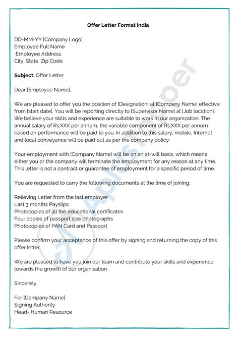 Offer Letter Format Job Offer Letter Format Samples Template