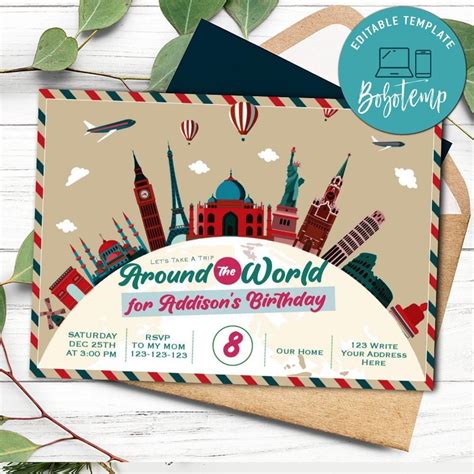 Around The World Party Invitation Template Instant Download