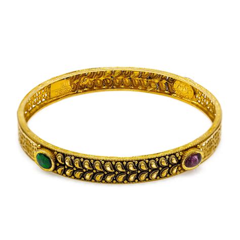 22k Yellow Gold Bangles Set Of 2 W Rubies Emeralds And Antique Finish