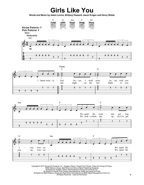 Girls Like You Sheet Music Maroon 5 Easy Guitar Tab