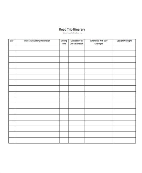 Printable Road Trip Itinerary Template