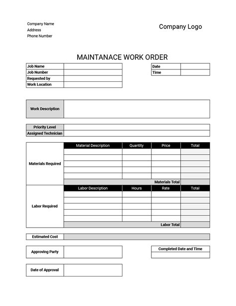 Work Order Templates Download Print For Free