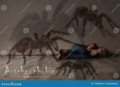 Arachnophobia Concept Double Exposure Of Scared Girl And Spiders Stock