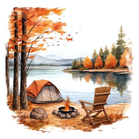 Premium Ai Image Lakeside Views Autumn Fall Watercolor Illustration