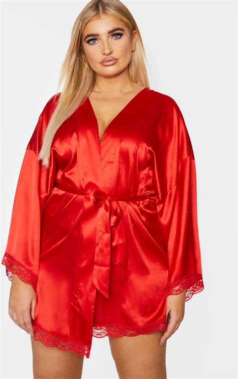 Plus Red Lace Trim Satin Robe Plus Size Prettylittlething Il