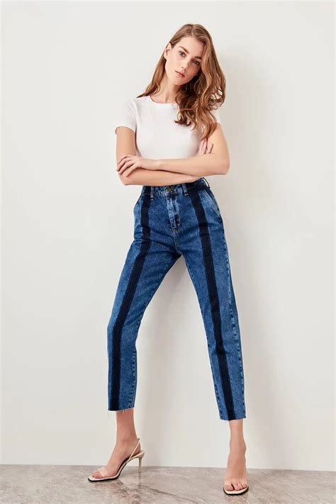 Trendyol Blue Front Color Block High Waist Jeans Mom Tclss19xq0003 In Jeans From Womens