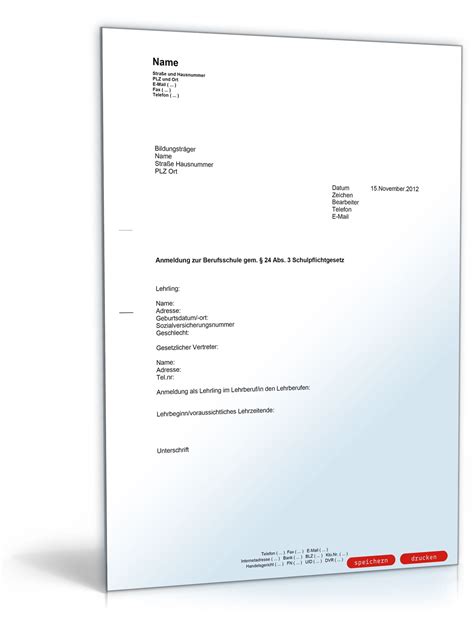 Anmeldung eines Lehrlings zur Berufsschule - Muster-Vorlage zum Download