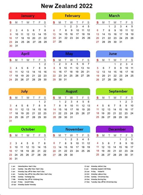 Yearly New Zealand 2022 Calendar Calendar Dream