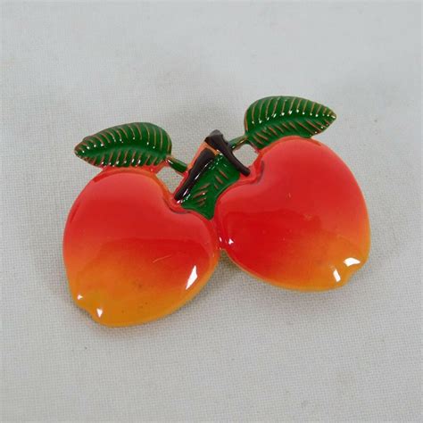 Double Apple Pin Brooch Red Yellow Green Leaves Teacher T Fruit
