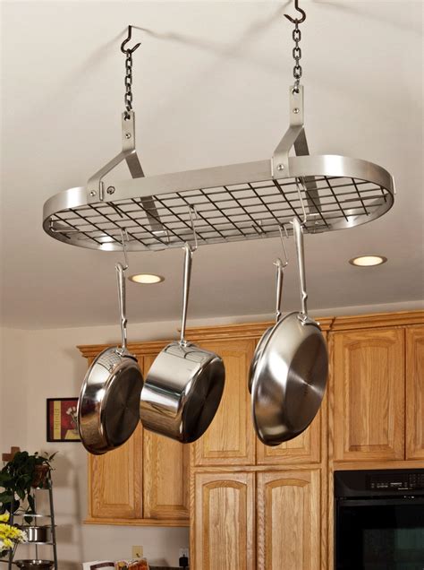 You should usually hang the rack from ceiling joists most people hang pot racks somewhere in the kitchen, often above a stove or counter. Contemporary Ceiling Pot Rack w/ 12 Hooks Stainless Steel ...