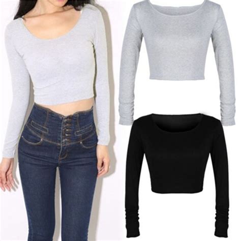 Hot Selling New Fashion Women Long Sleeve Cropped Top T Shirt Belly