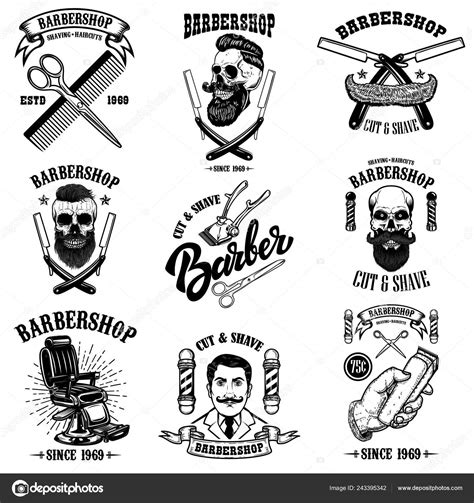 Set Vintage Barber Shop Emblems Badges Design Elements Logo Label Stock