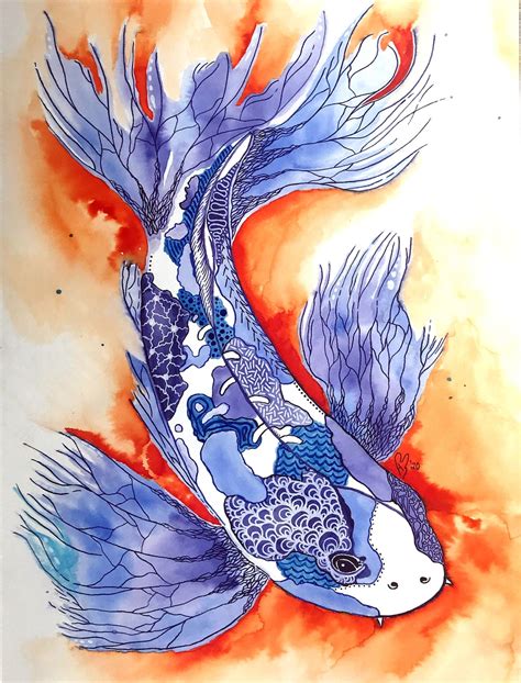 Koi Fish Print Fish Print Zentangle Digital Print Ink Etsy