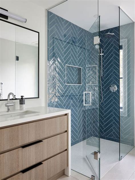 How To Tame Blue In The Bathroom Glass Tile Shower Tile Shower Niche