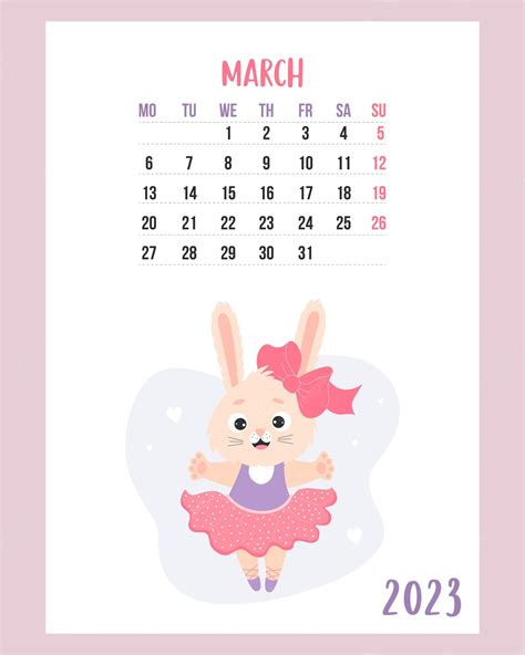 Calendário De Março De 2023 Coelhinha Linda Bailarina Vestida Com
