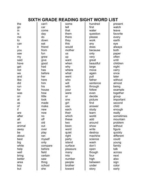 Sixth Grade Reading Sight Word List