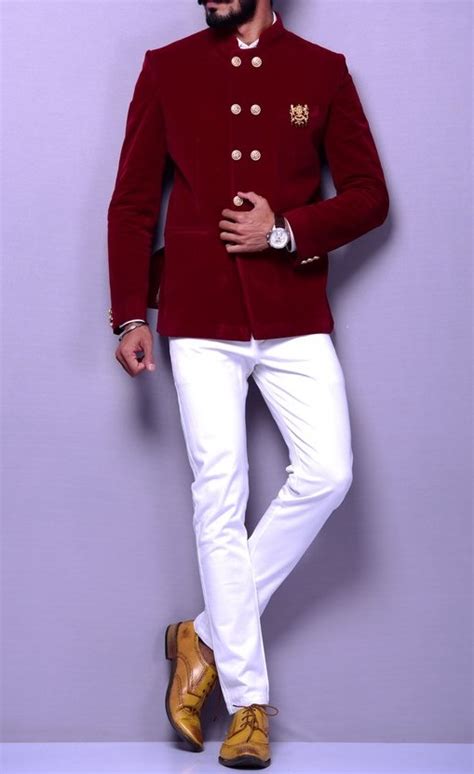 Classic Red Velvet Jacket White Pant Suit Online Bagtesh Fashion