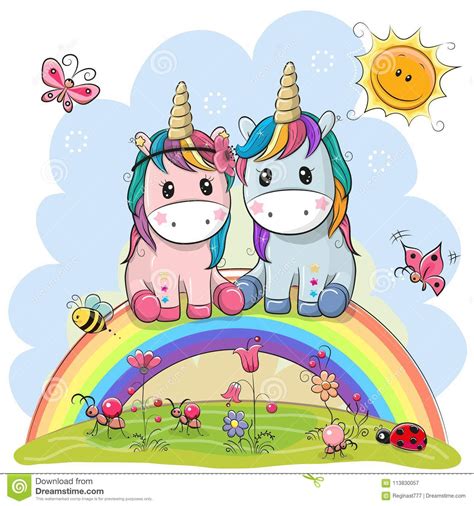 Two Cartoon Unicorns Are Sitting On The Rainbow Stock Vector