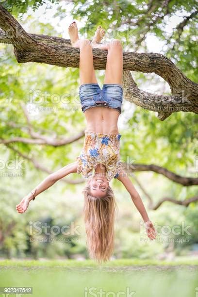 자연을 즐기는 거 대 한 나무 가지에서 거꾸로 매달려 아름 다운 여자 나뭇가지에 대한 스톡 사진 및 기타 이미지 나뭇가지