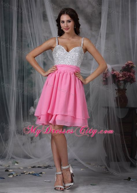 Spaghetti Straps Beaded Chiffon Pink 2013 Short Prom Dresses