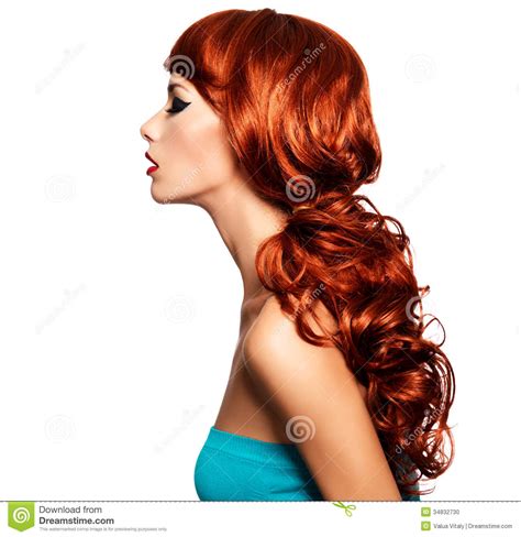 Profile Portrait Of A Woman With Long Red Hairs Stock