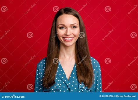 close up portrait of attractive cheerful content girl wear dotted blouse isolated over bright