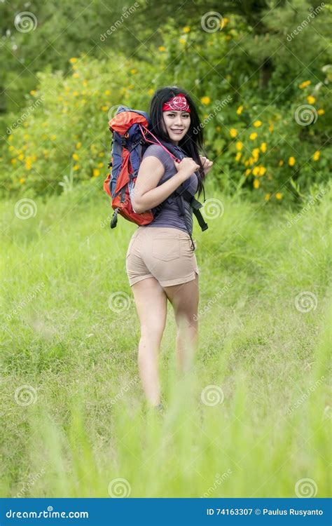 Pretty Female Hiker Smiling In The Forest Stock Image Image Of