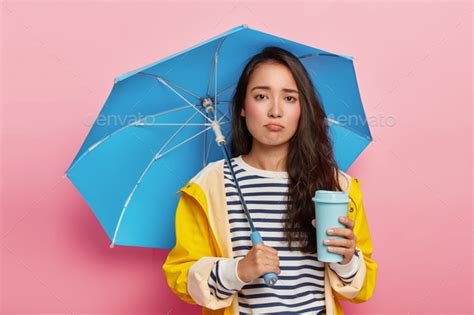 Seasonal Melancholia Upset Sad Korean Girl Walks Under Umbrella On