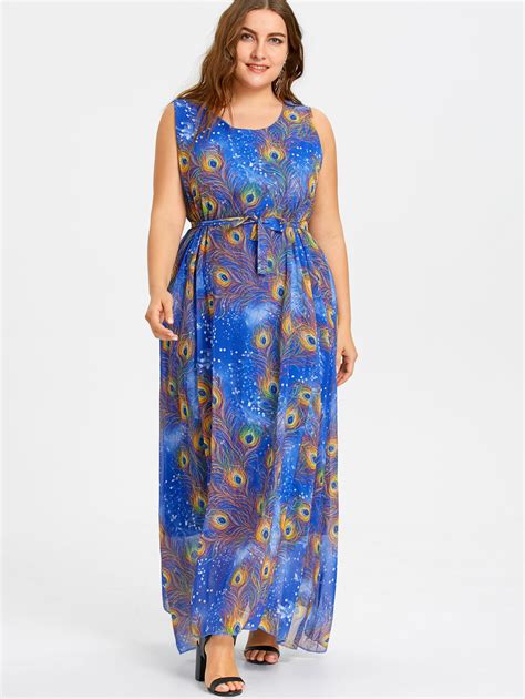 Gamiss Plus Size Peacock Feather Print Maxi Chiffon Dress Women 2018 Summer Sleeveless Dresses