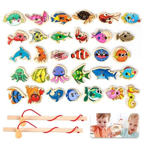 Qjuhung Wooden Magnetic Fishing Game Cartoon Marine Life Cognition Fish