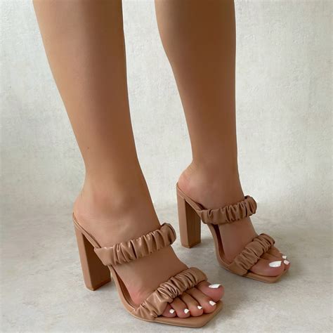 Tanice Dark Nude Ruched Double Strap Block Heel Mules