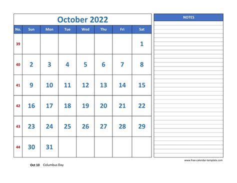 october calendar  grid lines  holidays  notes horizontal