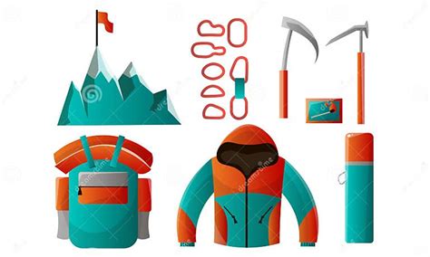 Set Of Mountain Climber Tools And Equipment For Backpacking Vector