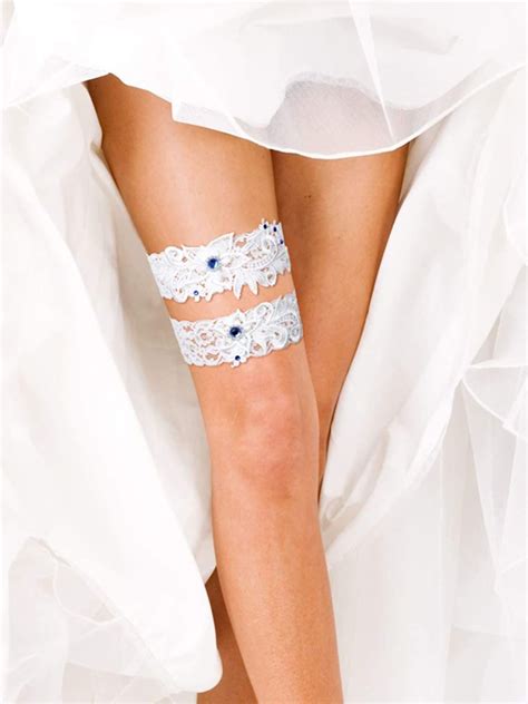 2 Pieces Wedding Bridal Garters White Lace Garters Floral Garters With Blue Rhinestone For