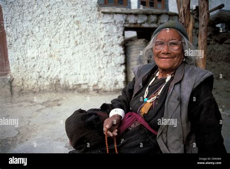 Old Woman Wearing A Traditional Dress Lamayuru Ladakh Indian