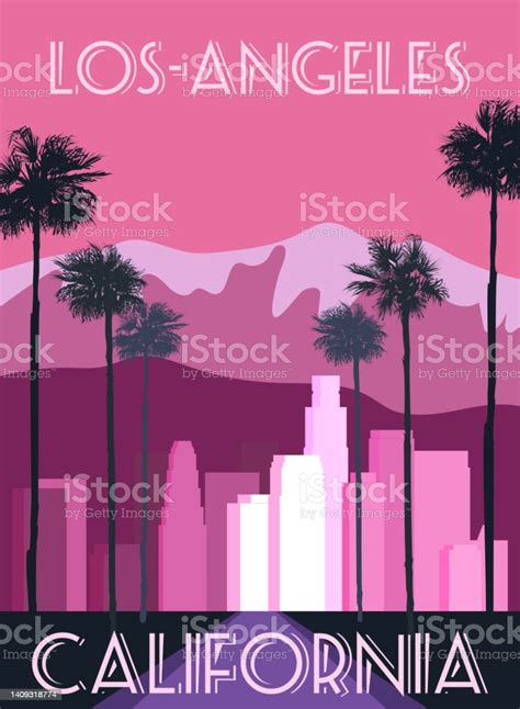 레트로 포스터 로스 앤젤레스 시내 도시 풍경 빈티지 장면 캘리포니아 할리우드에 대한 스톡 벡터 아트 및 기타 이미지 할리우드 로스앤젤레스 시 로스앤젤레스 카운티