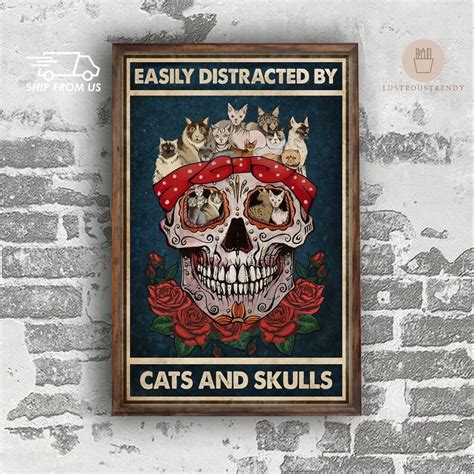 Cats And Sugar Skull Poster Easily Distracted By Cats And Etsy