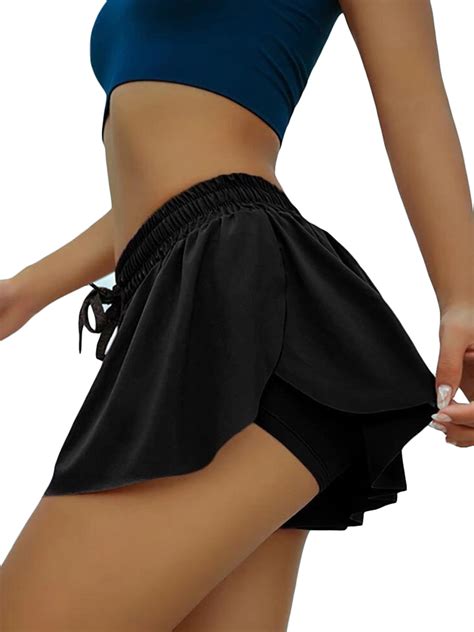 Plus Size Womens Double Layer Yoga Shorts High Waist Stretch Workout Baggy Shorts Athletic