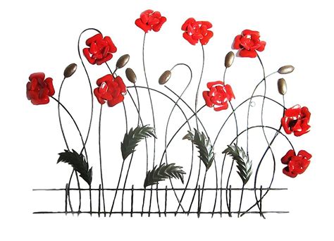 Contemporary Red Poppy Flower Scene Fence Metal Wall Art Ornament Home
