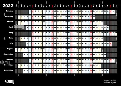 Calendario Lineal Negro 2022 Con Codificación De Colores De Días Y
