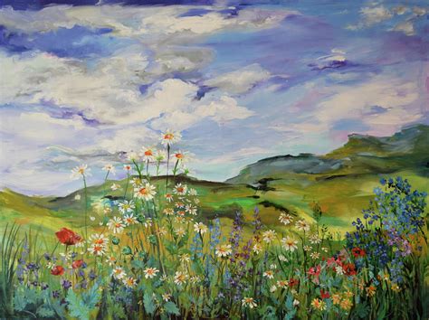 Wild Flowers Landscape Poppies And Daisies Large Floral