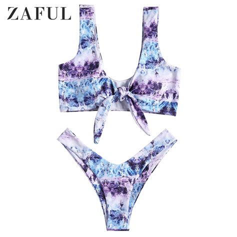 Zaful Tie Dye Front Knotted High Leg Bikini Set Biquini Bathing Suit