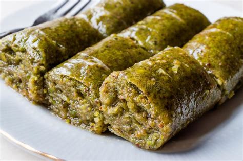 Turkish Dessert Pistachio Roll Called Fistikli Sarma Baklava Stock